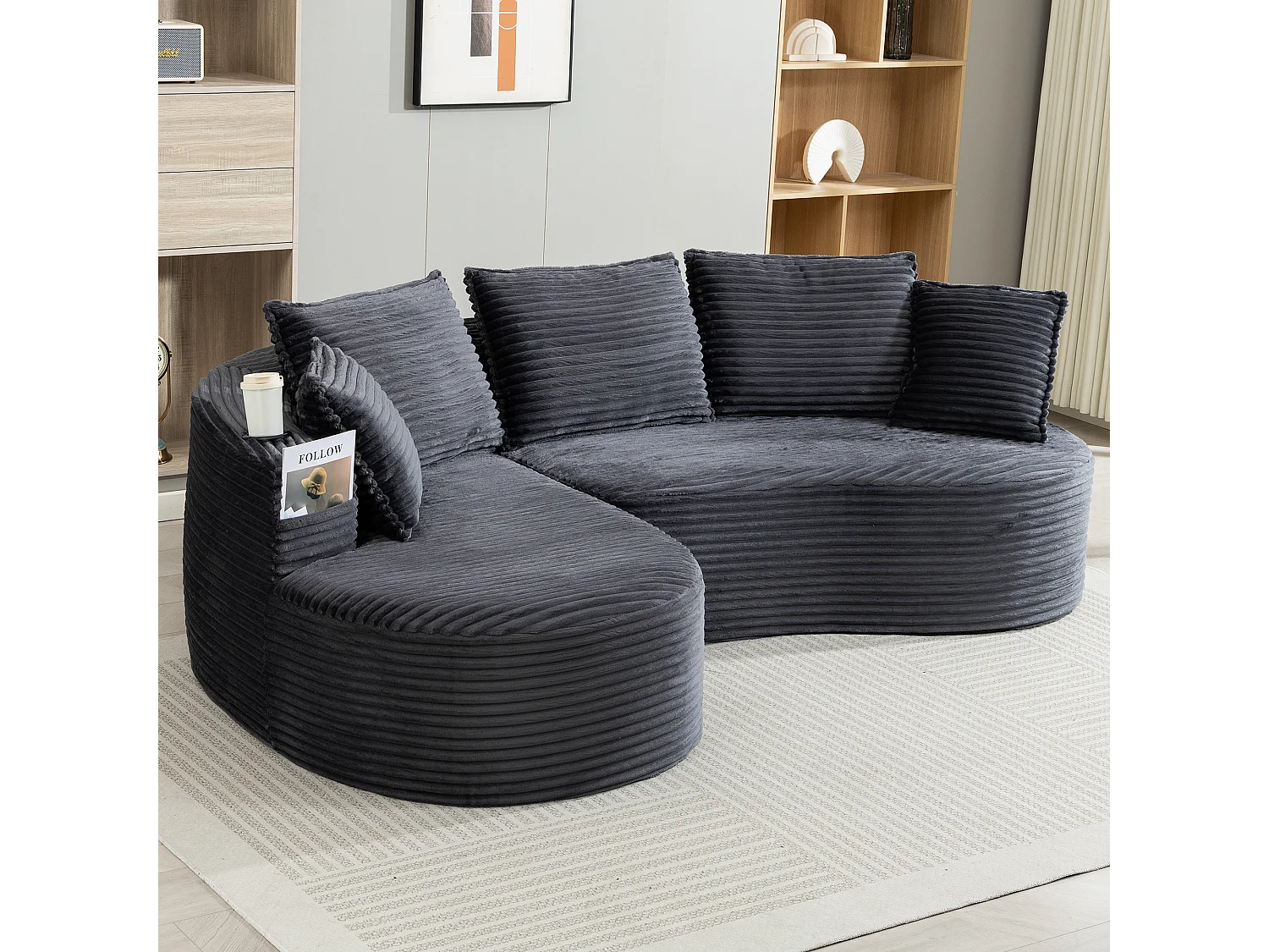 Canapé 3 places en velours côtelé - 250 x 152 x 82 cm - avec porte-gobelet + poche + coussins - gris foncé