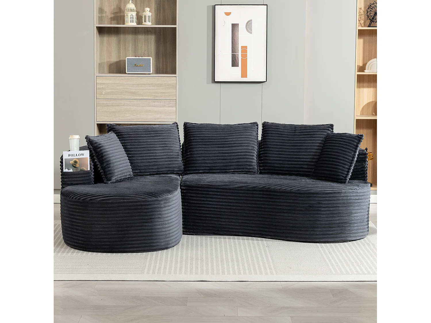 Canapé 3 places en velours côtelé - 250 x 152 x 82 cm - avec porte-gobelet + poche + coussins - gris foncé