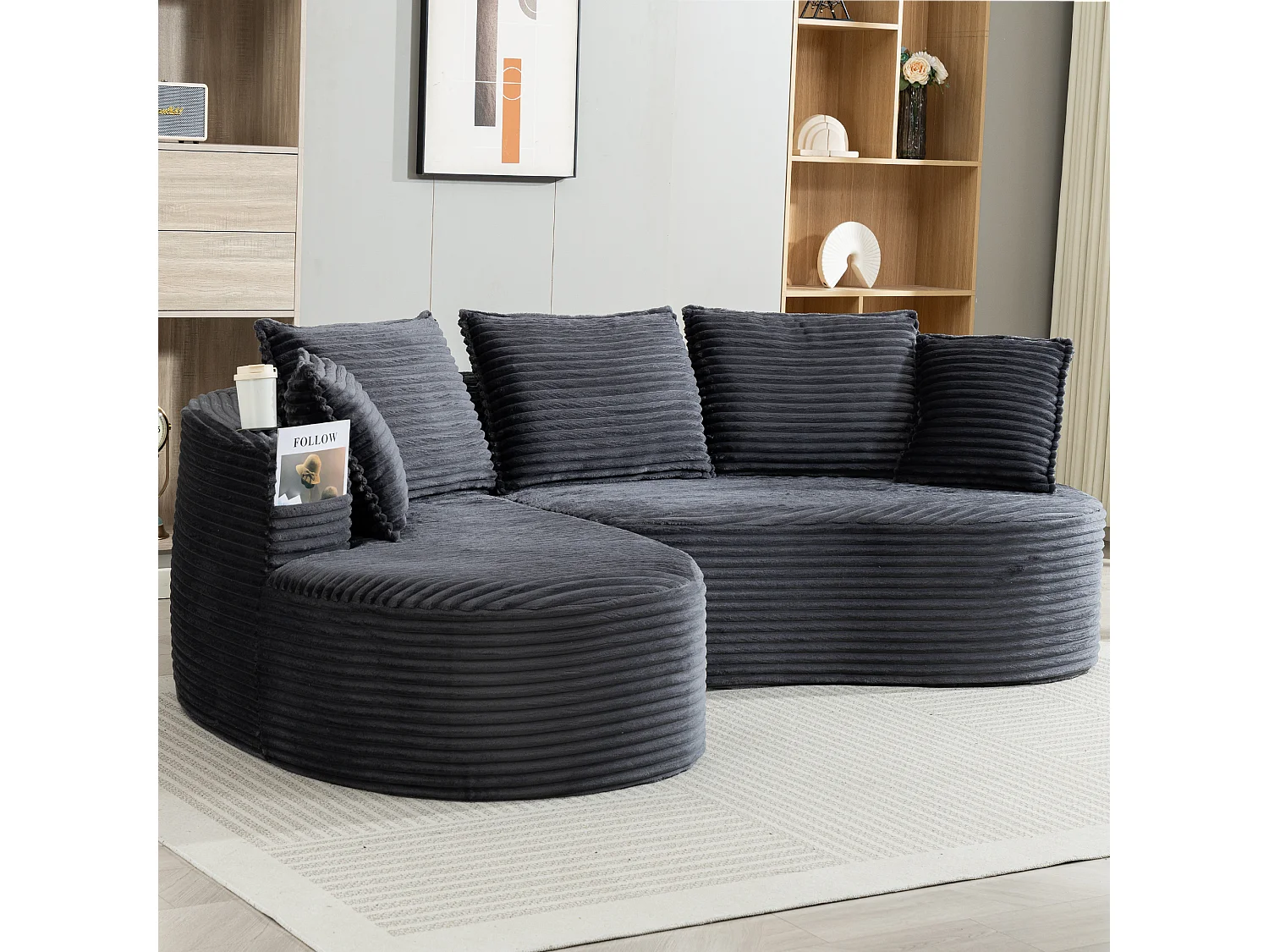 Canapé 3 places en velours côtelé - 250 x 152 x 82 cm - avec porte-gobelet + poche + coussins - gris foncé