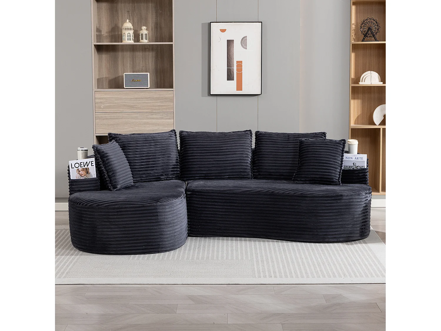 Canapé 3 places en velours côtelé - 250 x 152 x 82 cm - avec porte-gobelet + poche + coussins - gris foncé