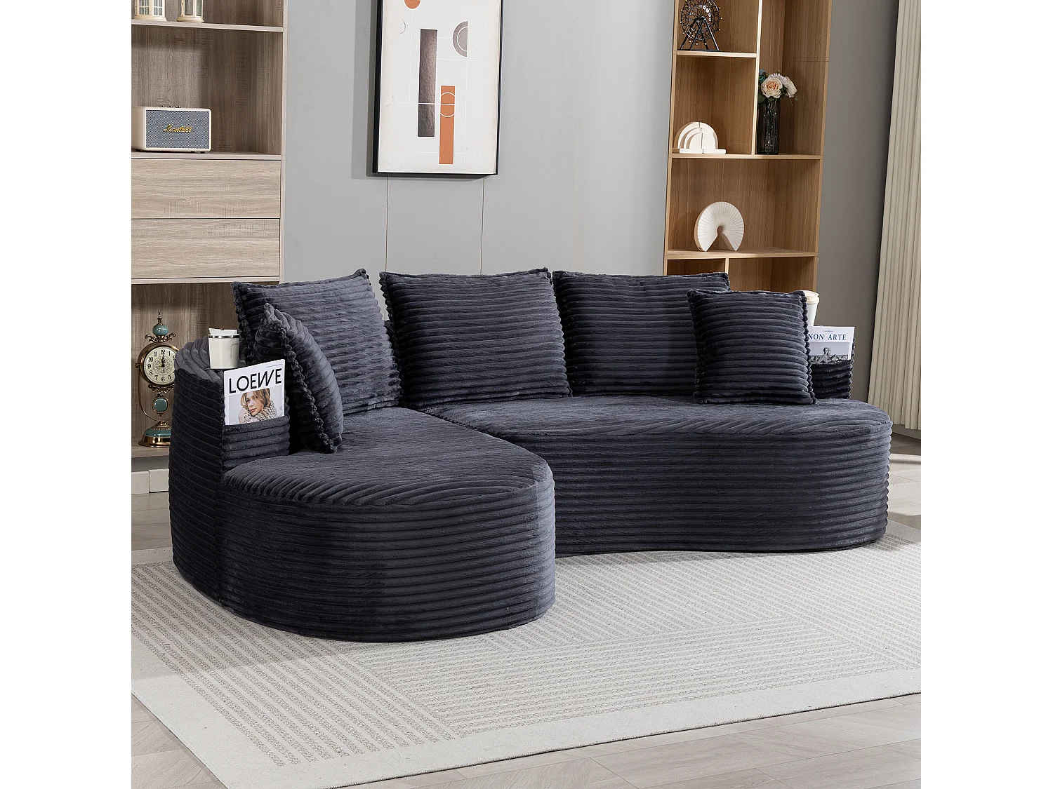 Canapé 3 places en velours côtelé - 250 x 152 x 82 cm - avec porte-gobelet + poche + coussins - gris foncé