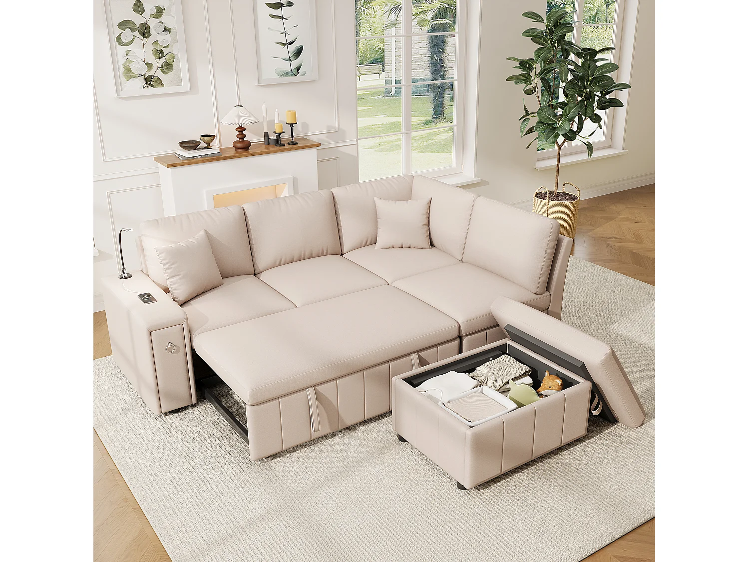 L-förmiges Eckschlafsofa – 213 x 184 x 88 cm – mit Stauraumhocker, USB-Anschluss und 2 Kissen – Leinen – Beige