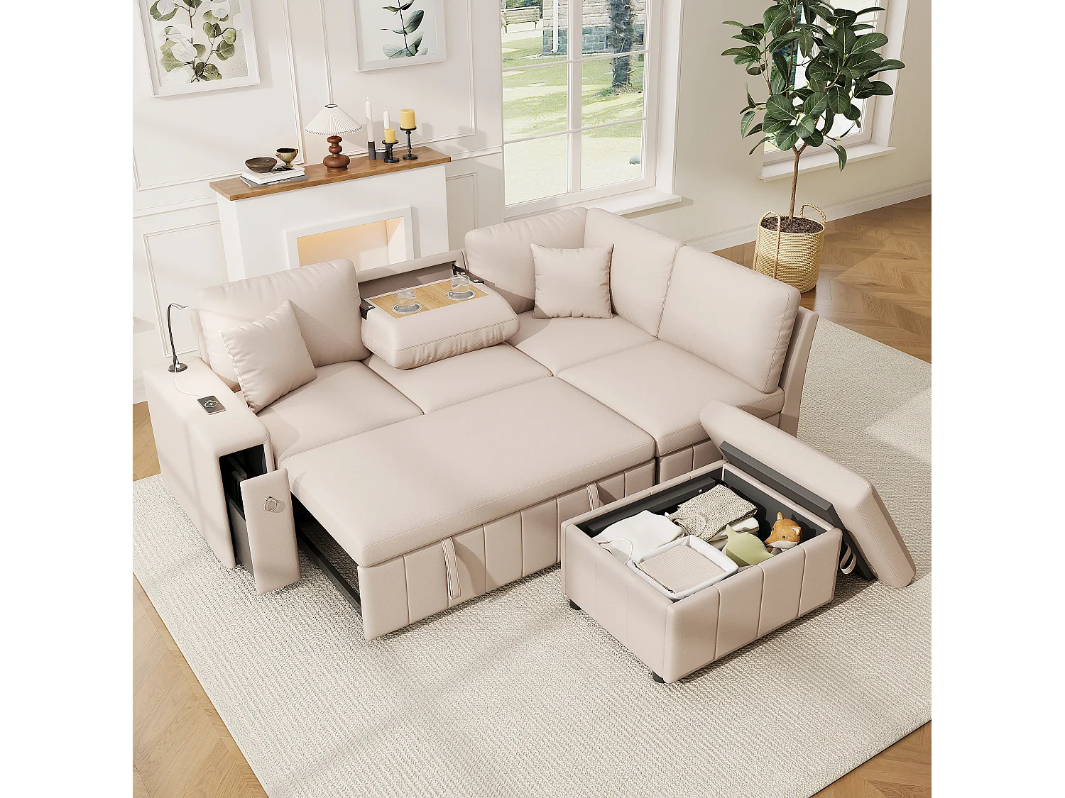 L-förmiges Eckschlafsofa – 213 x 184 x 88 cm – mit Stauraumhocker, USB-Anschluss und 2 Kissen – Leinen – Beige