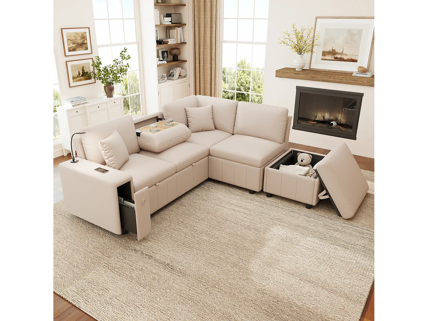 L-förmiges Eckschlafsofa – 213 x 184 x 88 cm – mit Stauraumhocker, USB-Anschluss und 2 Kissen – Leinen – Beige