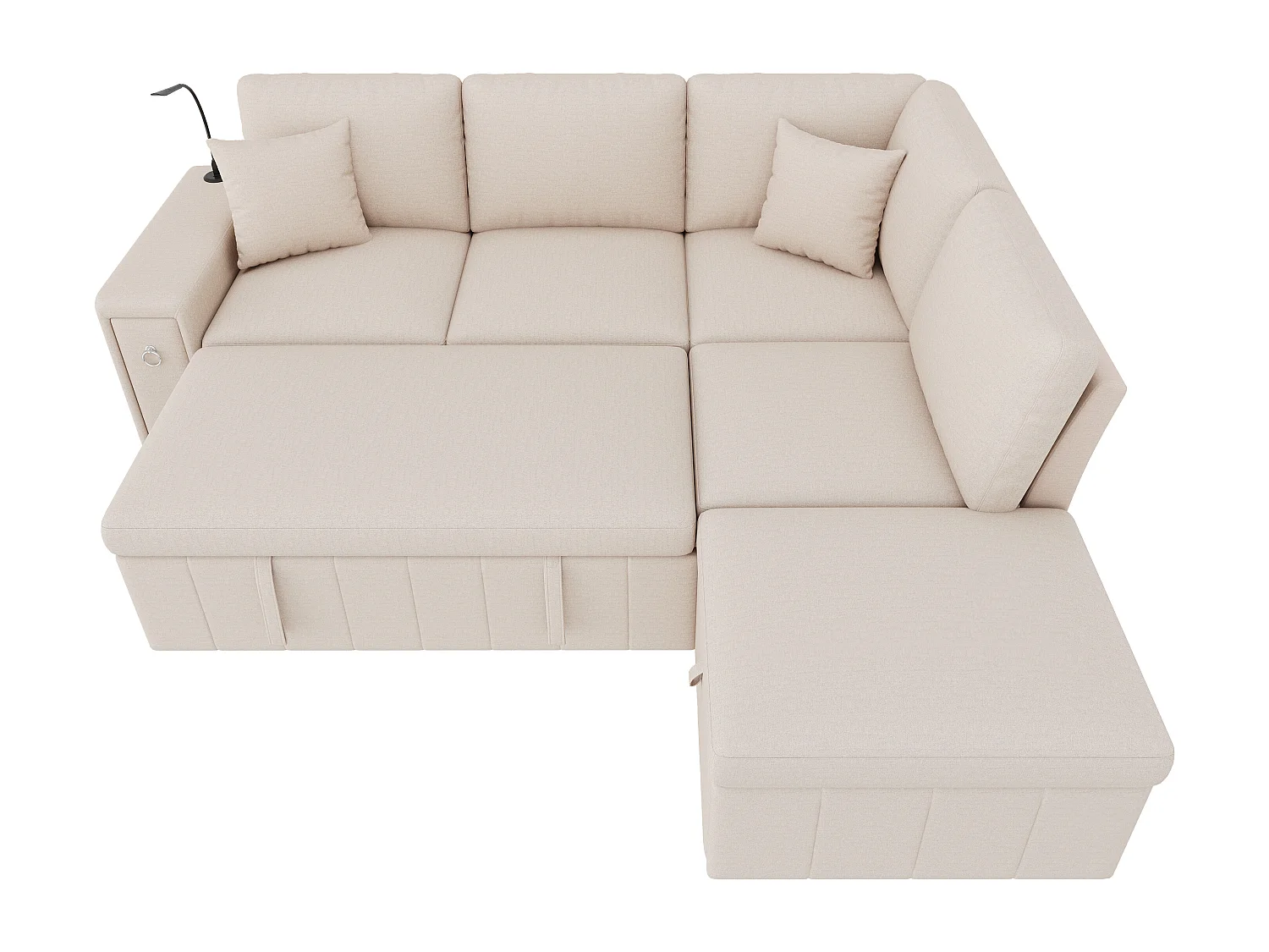 L-förmiges Eckschlafsofa – 213 x 184 x 88 cm – mit Stauraumhocker, USB-Anschluss und 2 Kissen – Leinen – Beige
