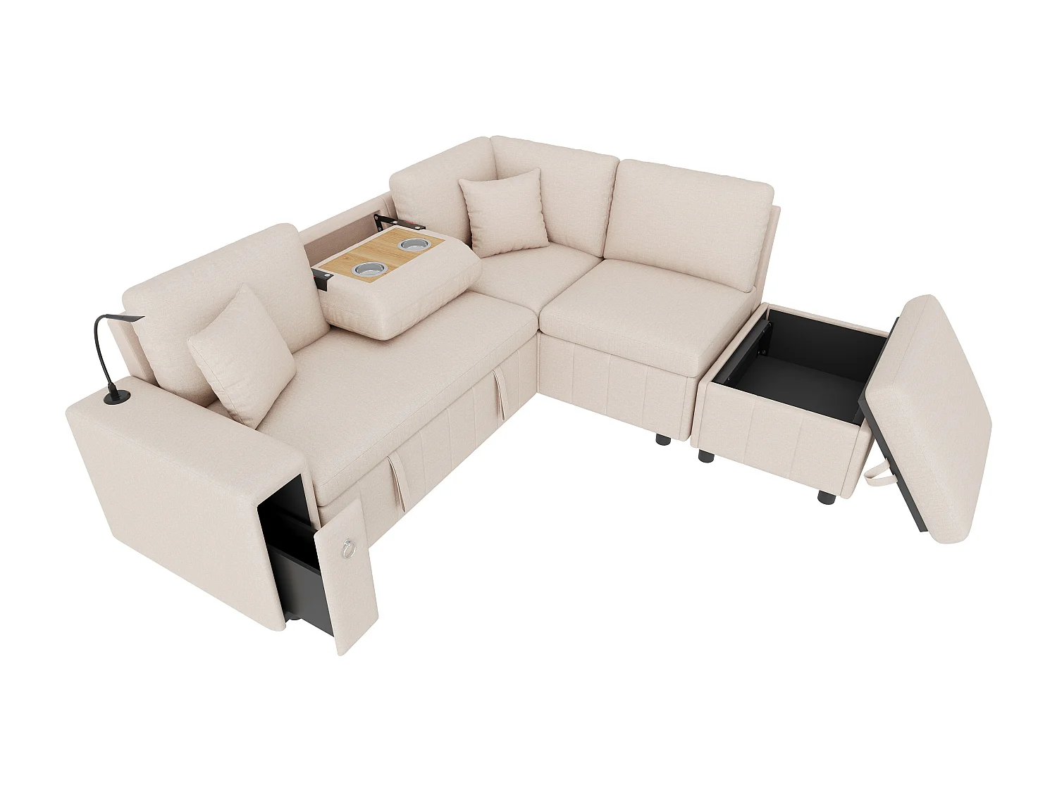 L-förmiges Eckschlafsofa – 213 x 184 x 88 cm – mit Stauraumhocker, USB-Anschluss und 2 Kissen – Leinen – Beige