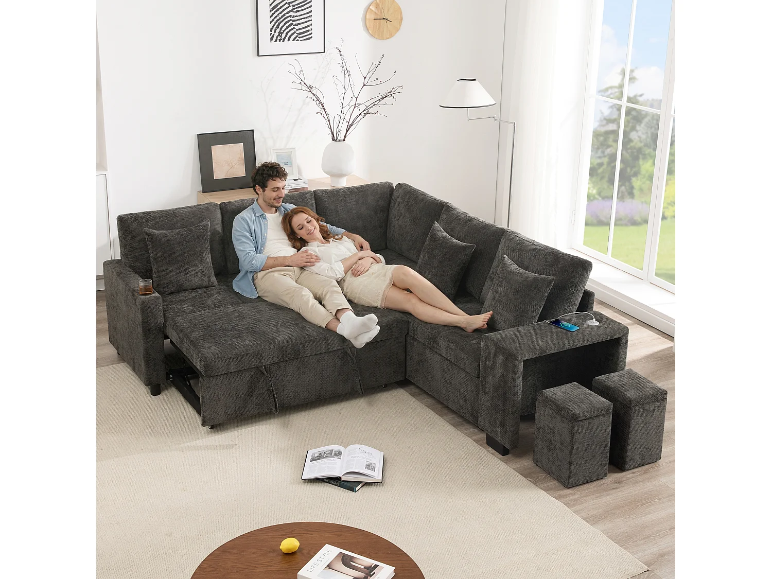 Narożnik rozkładany w kształcie litery L - 220 x 205 x 86,5 cm - ze schowkiem + port USB + poduszki + 2 hokery ze schowkiem - aksamit - szary