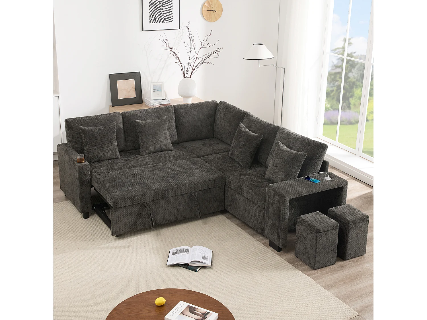 Narożnik rozkładany w kształcie litery L - 220 x 205 x 86,5 cm - ze schowkiem + port USB + poduszki + 2 hokery ze schowkiem - aksamit - szary