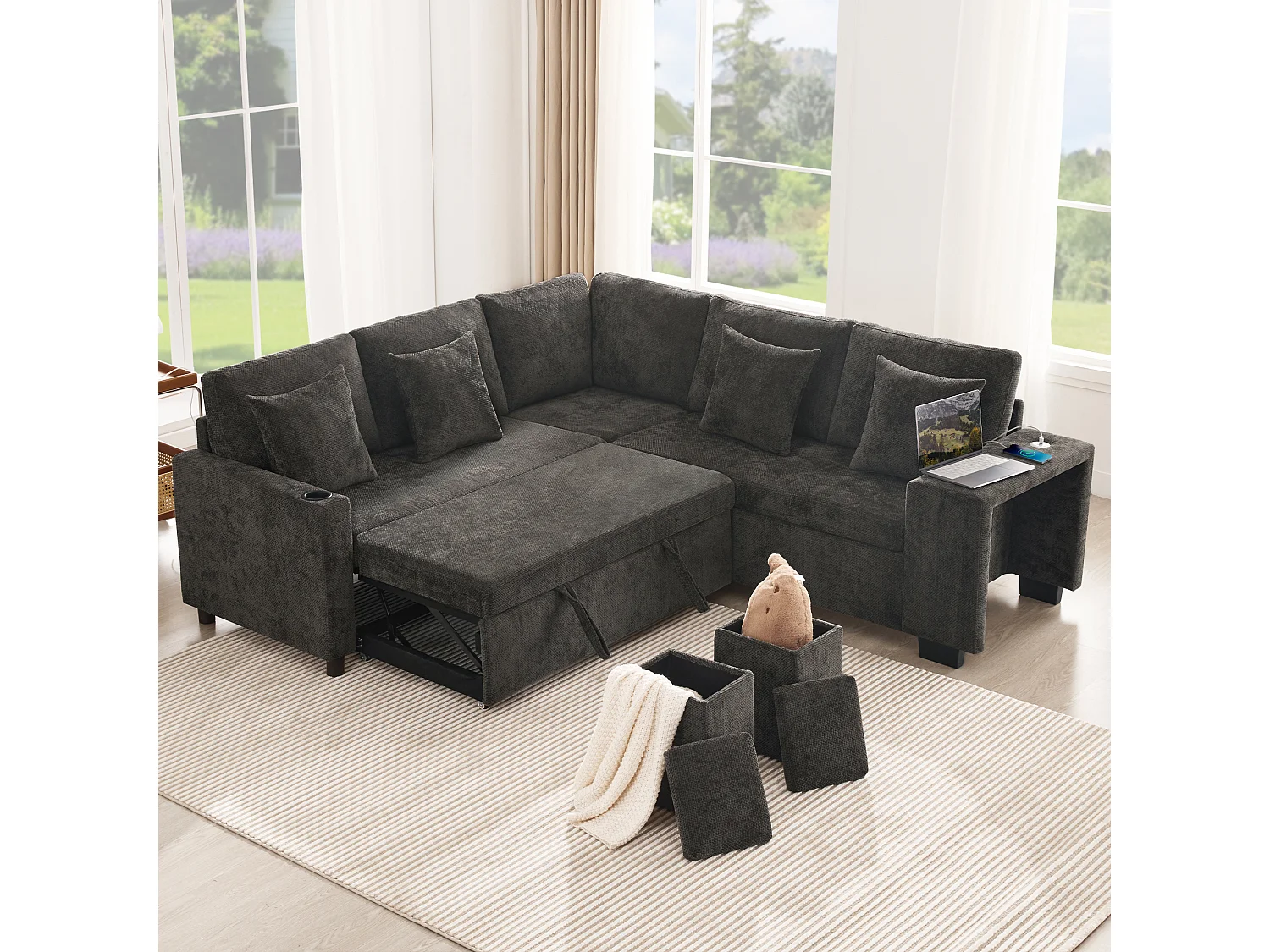 Narożnik rozkładany w kształcie litery L - 220 x 205 x 86,5 cm - ze schowkiem + port USB + poduszki + 2 hokery ze schowkiem - aksamit - szary