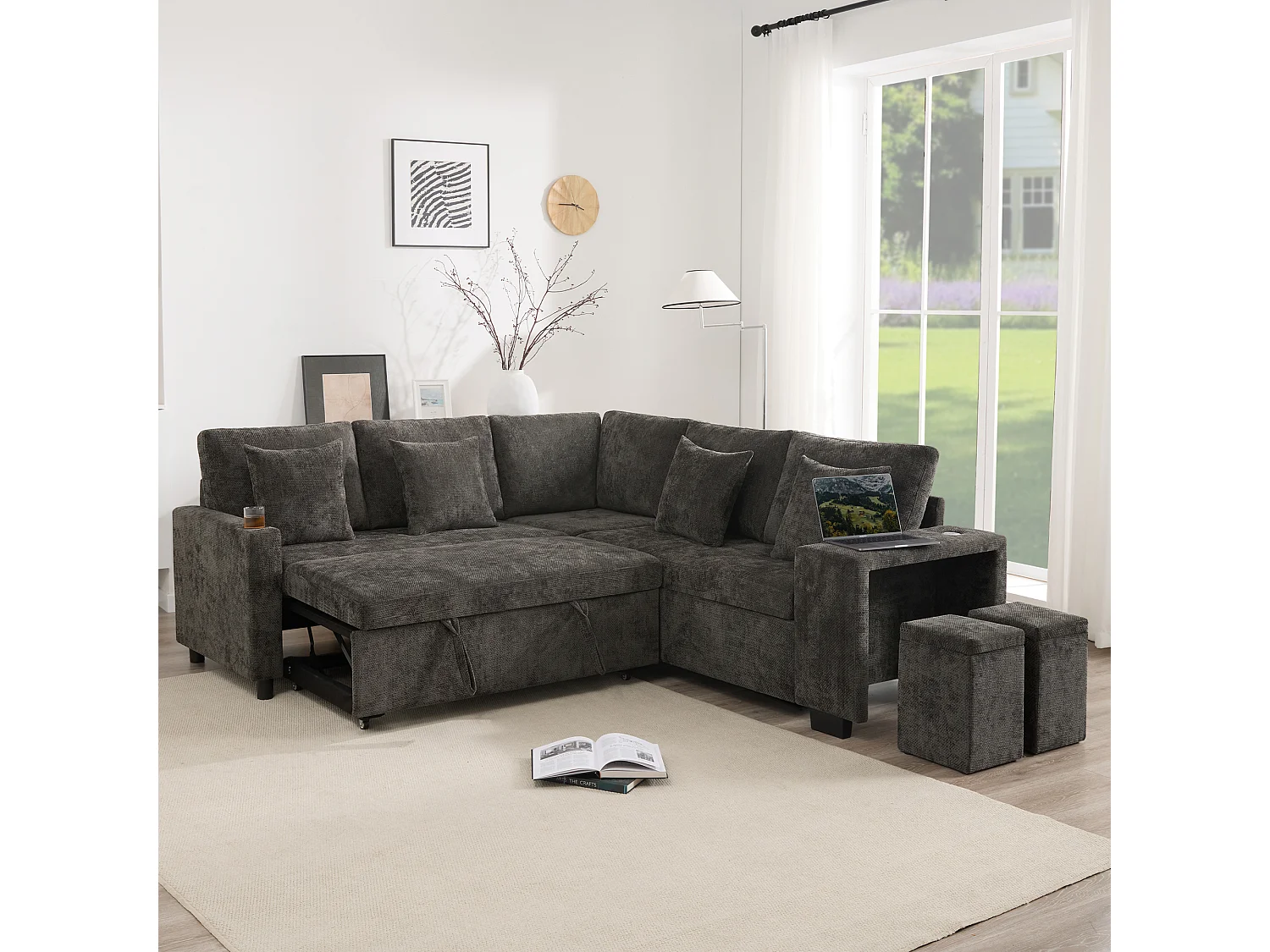 Narożnik rozkładany w kształcie litery L - 220 x 205 x 86,5 cm - ze schowkiem + port USB + poduszki + 2 hokery ze schowkiem - aksamit - szary