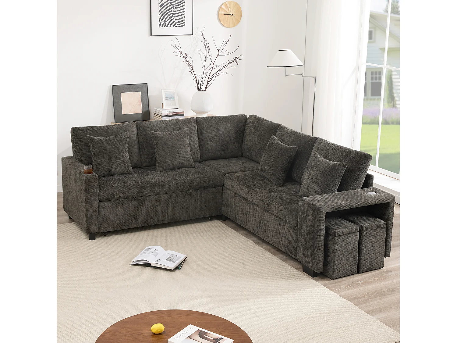 Narożnik rozkładany w kształcie litery L - 220 x 205 x 86,5 cm - ze schowkiem + port USB + poduszki + 2 hokery ze schowkiem - aksamit - szary