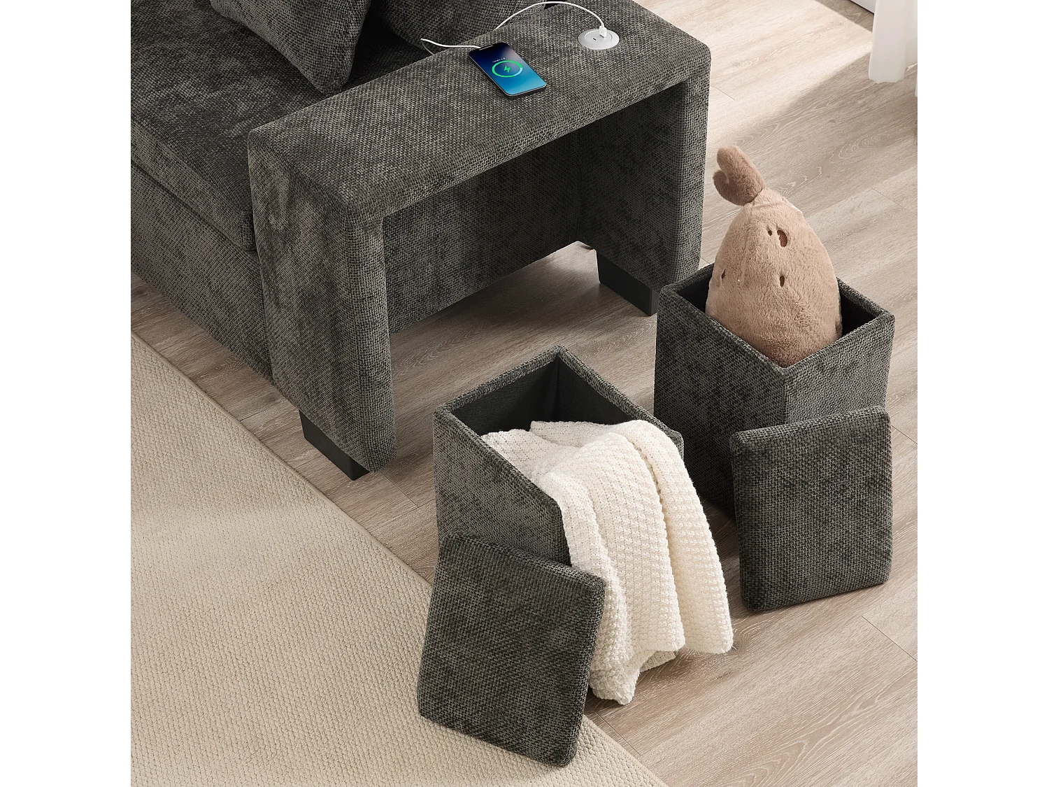 Narożnik rozkładany w kształcie litery L - 220 x 205 x 86,5 cm - ze schowkiem + port USB + poduszki + 2 hokery ze schowkiem - aksamit - szary