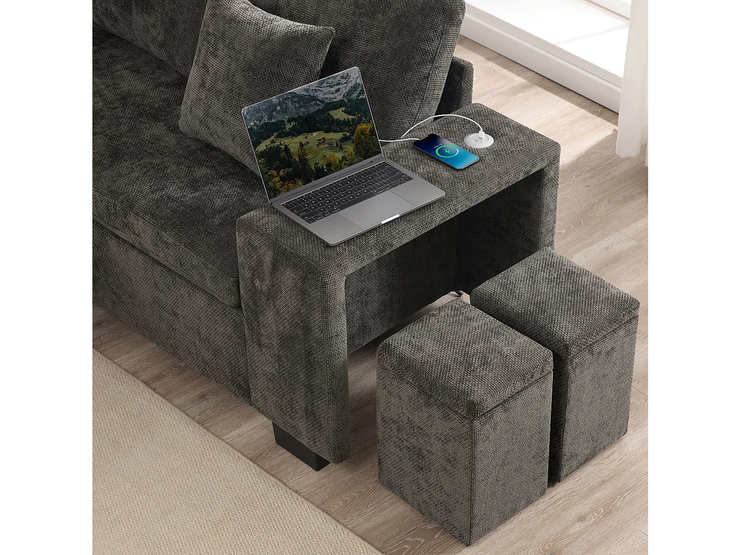 Narożnik rozkładany w kształcie litery L - 220 x 205 x 86,5 cm - ze schowkiem + port USB + poduszki + 2 hokery ze schowkiem - aksamit - szary