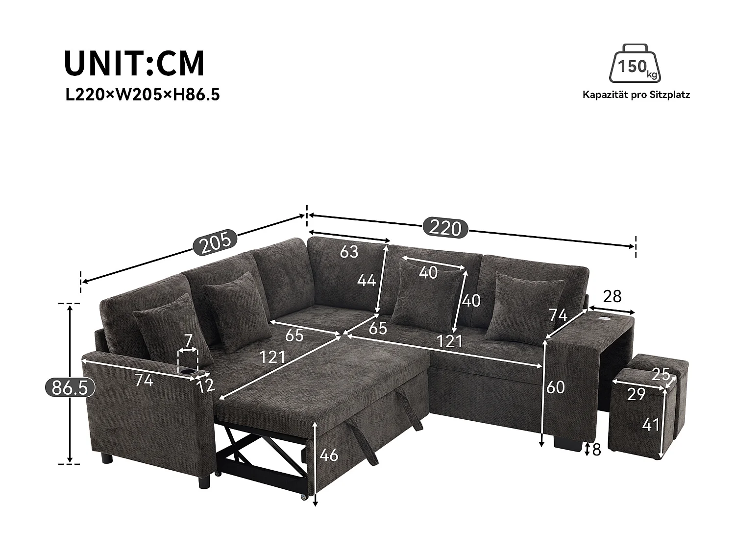 Narożnik rozkładany w kształcie litery L - 220 x 205 x 86,5 cm - ze schowkiem + port USB + poduszki + 2 hokery ze schowkiem - aksamit - szary
