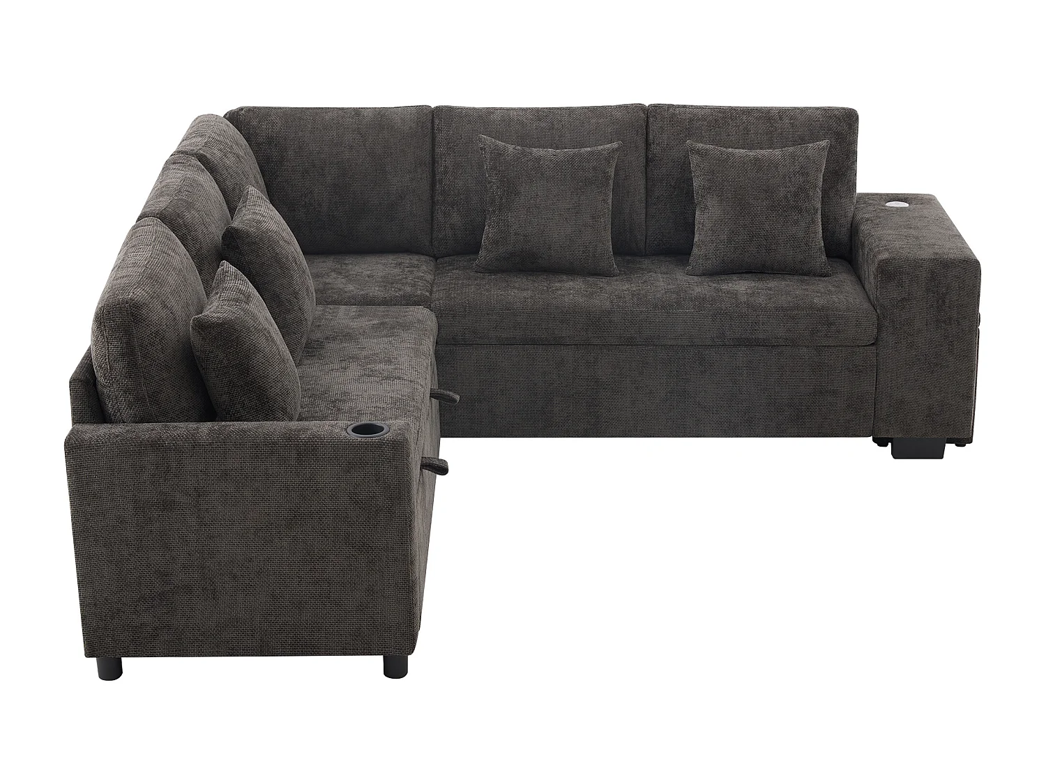 Narożnik rozkładany w kształcie litery L - 220 x 205 x 86,5 cm - ze schowkiem + port USB + poduszki + 2 hokery ze schowkiem - aksamit - szary