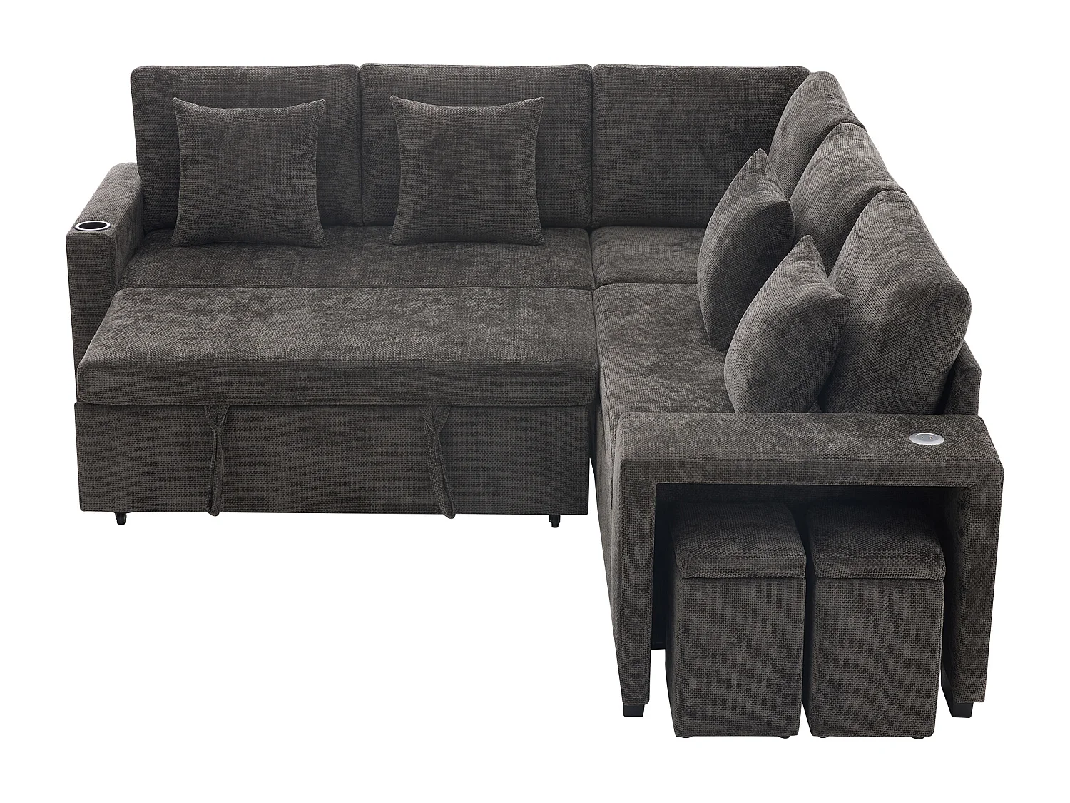 Narożnik rozkładany w kształcie litery L - 220 x 205 x 86,5 cm - ze schowkiem + port USB + poduszki + 2 hokery ze schowkiem - aksamit - szary