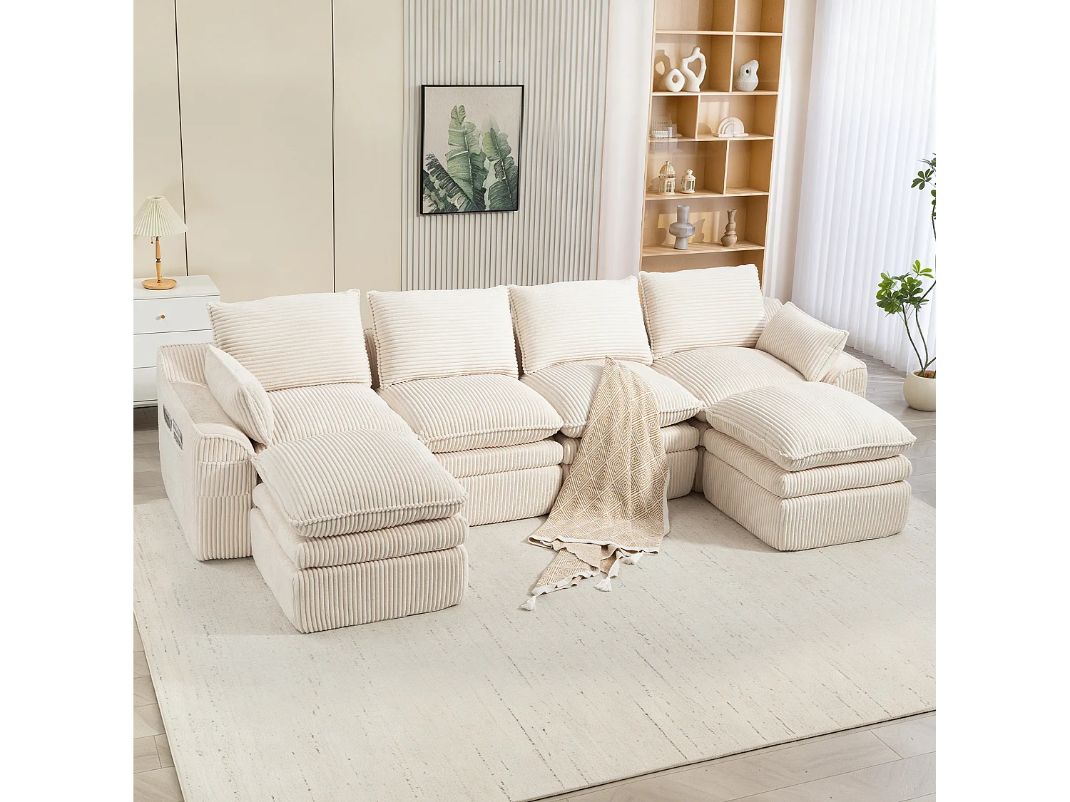 Modulares 4-Sitzer-Sofa-Set aus Cord – 335 x 167 x 85 cm – mit 2 Hockern, Kissen und 2 Taschen – beige