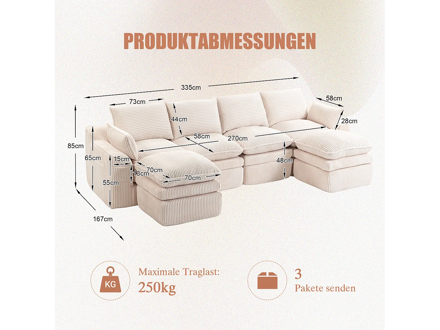 Modulares 4-Sitzer-Sofa-Set aus Cord – 335 x 167 x 85 cm – mit 2 Hockern, Kissen und 2 Taschen – beige