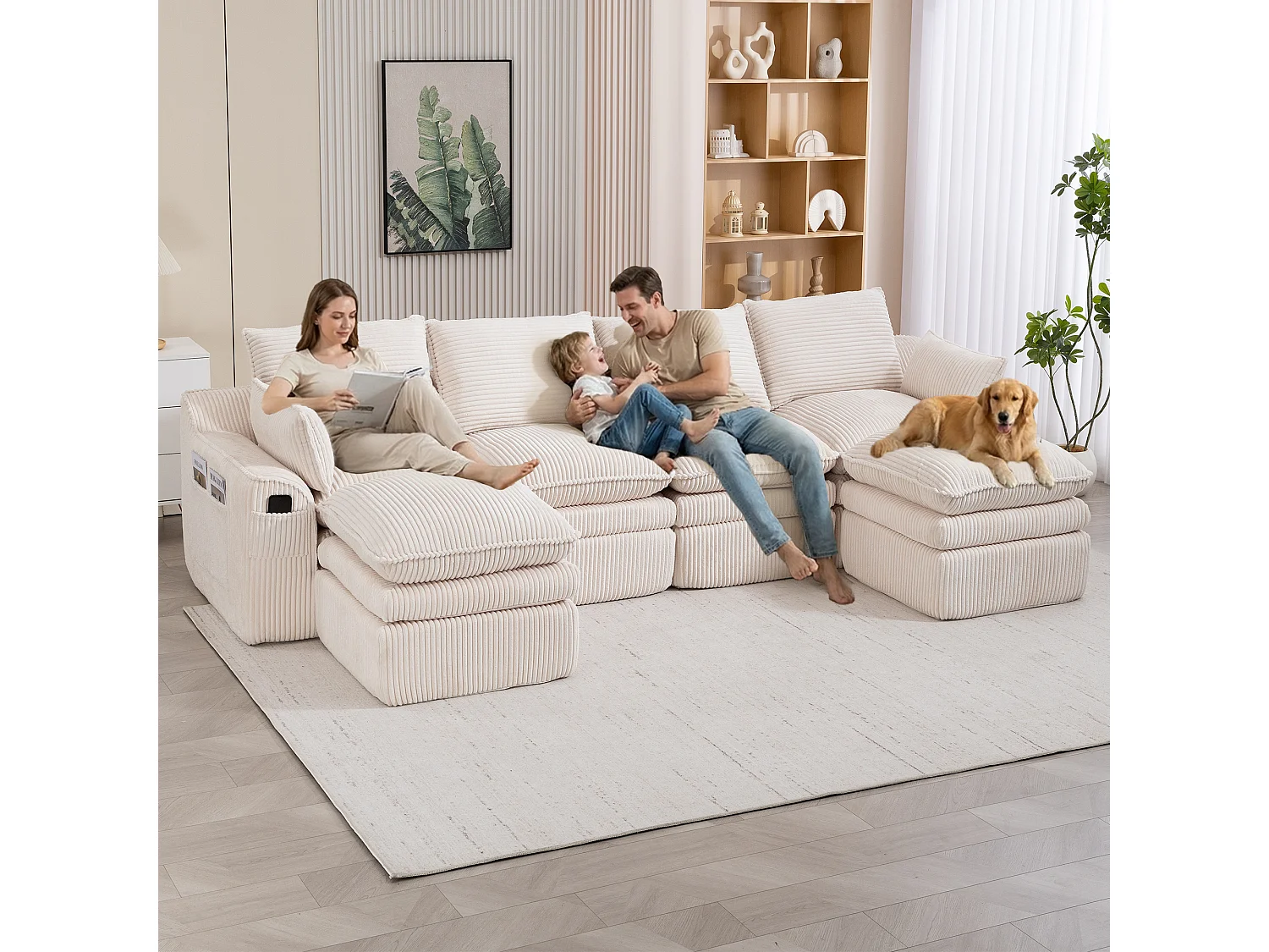 Modulares 4-Sitzer-Sofa-Set aus Cord – 335 x 167 x 85 cm – mit 2 Hockern, Kissen und 2 Taschen – beige