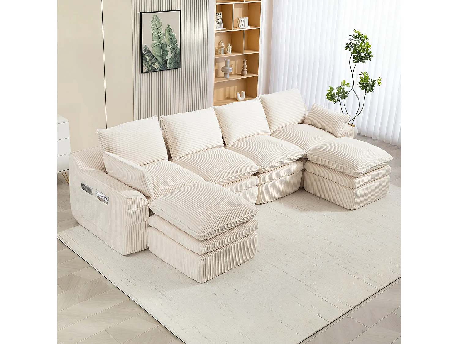 Modulares 4-Sitzer-Sofa-Set aus Cord – 335 x 167 x 85 cm – mit 2 Hockern, Kissen und 2 Taschen – beige