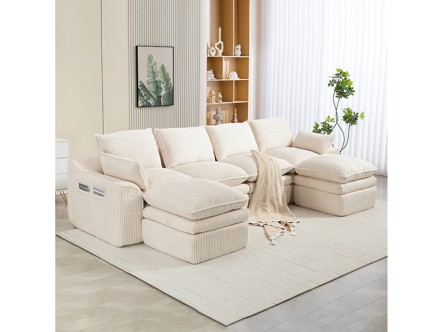 Modulares 4-Sitzer-Sofa-Set aus Cord – 335 x 167 x 85 cm – mit 2 Hockern, Kissen und 2 Taschen – beige