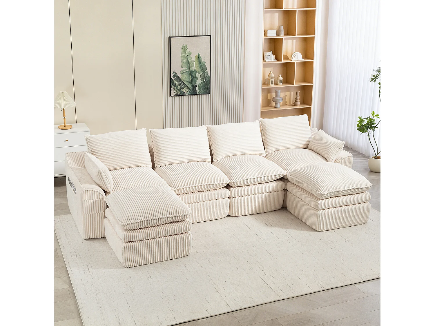 Modulares 4-Sitzer-Sofa-Set aus Cord – 335 x 167 x 85 cm – mit 2 Hockern, Kissen und 2 Taschen – beige