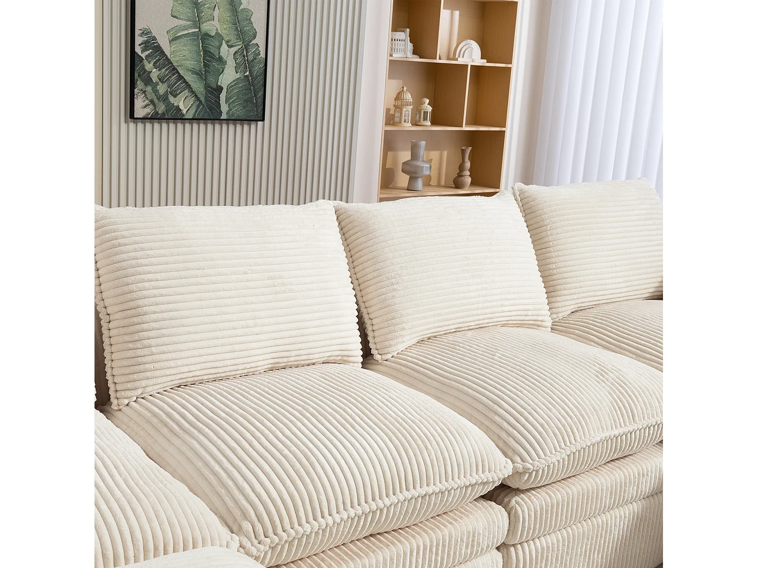 Modulares 4-Sitzer-Sofa-Set aus Cord – 335 x 167 x 85 cm – mit 2 Hockern, Kissen und 2 Taschen – beige