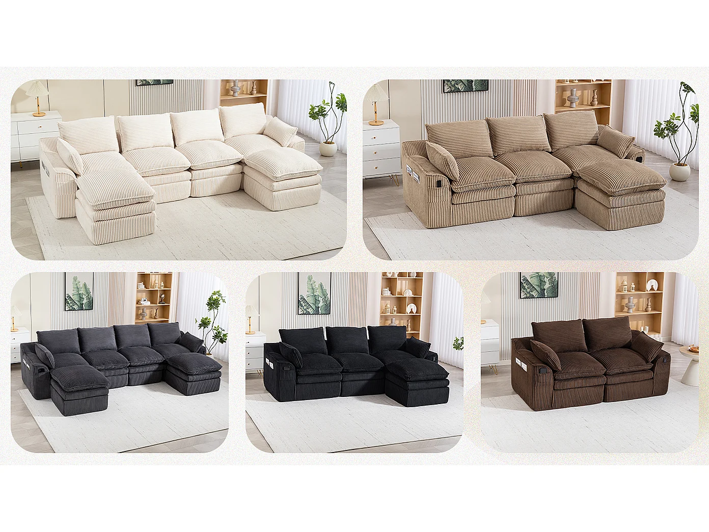 Modulares 4-Sitzer-Sofa-Set aus Cord – 335 x 167 x 85 cm – mit 2 Hockern, Kissen und 2 Taschen – beige