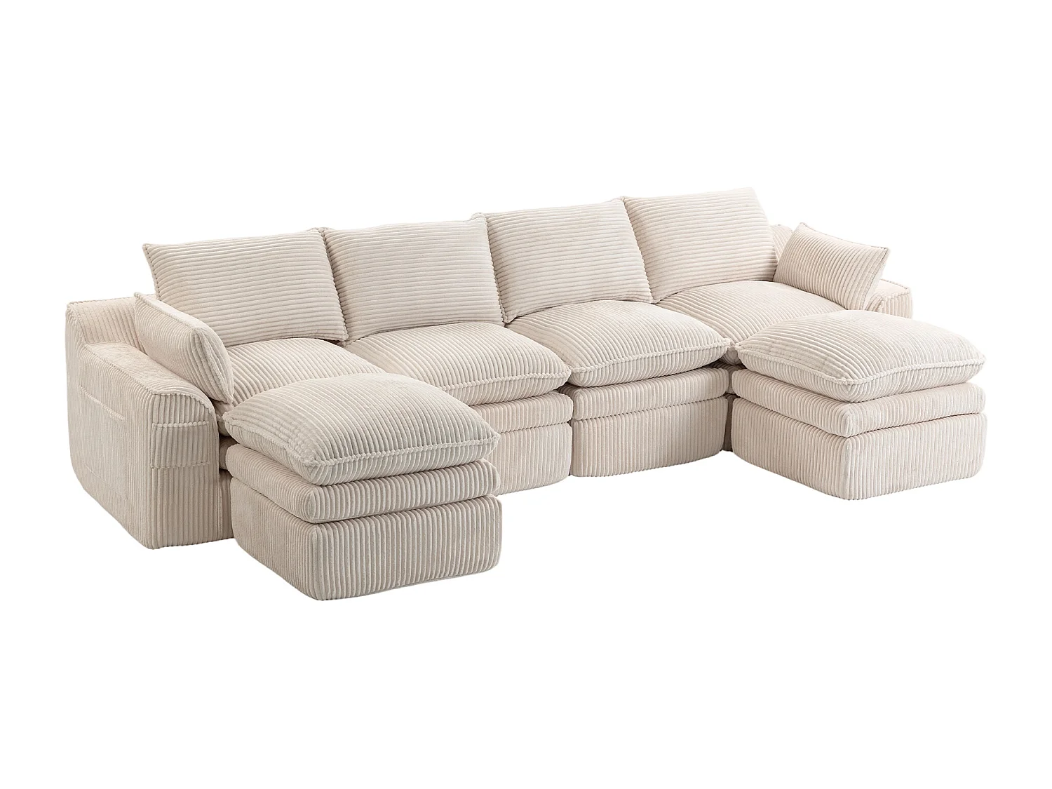 Modulares 4-Sitzer-Sofa-Set aus Cord – 335 x 167 x 85 cm – mit 2 Hockern, Kissen und 2 Taschen – beige