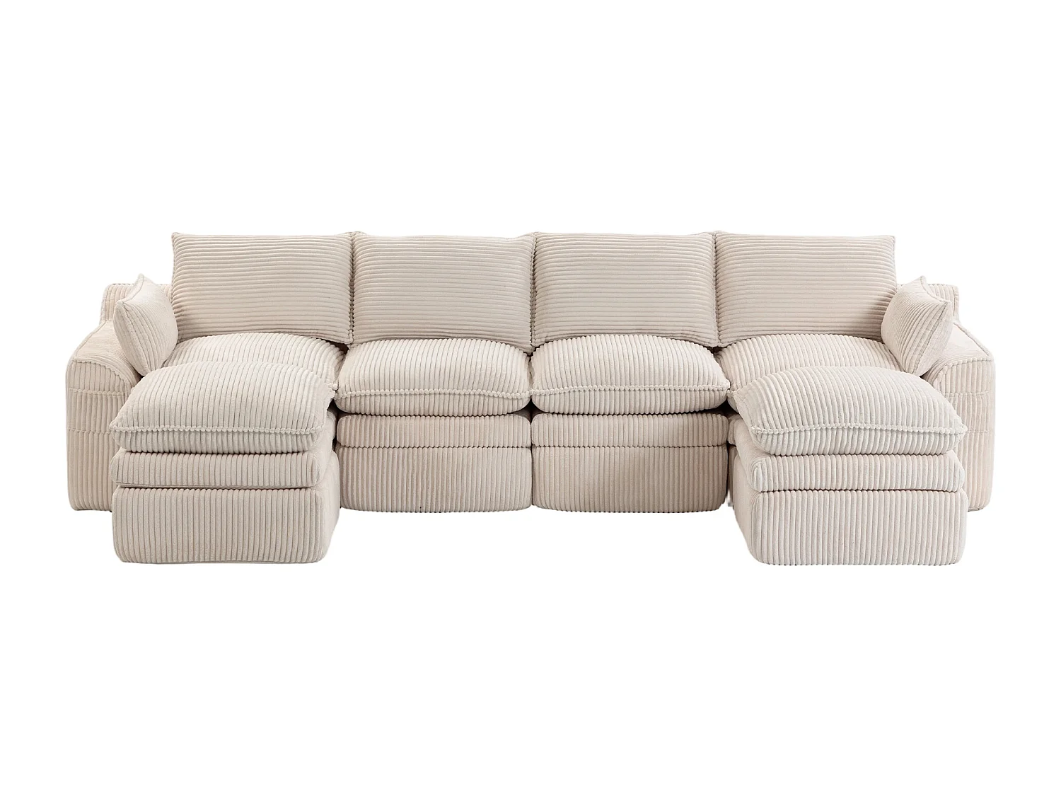 Modulares 4-Sitzer-Sofa-Set aus Cord – 335 x 167 x 85 cm – mit 2 Hockern, Kissen und 2 Taschen – beige