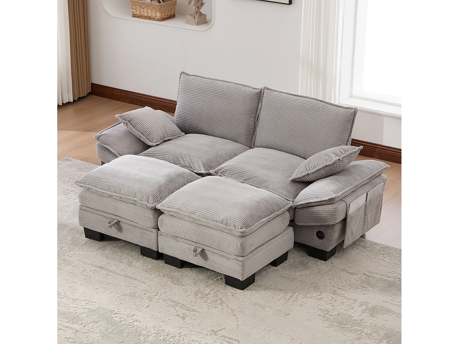 Zestaw wypoczynkowy z tkaniny sztruksowej, 2-osobowy - 190 x 132 x 84 cm - z 2 pufami ze schowkiem + port USB + kieszenie - jasnoszary