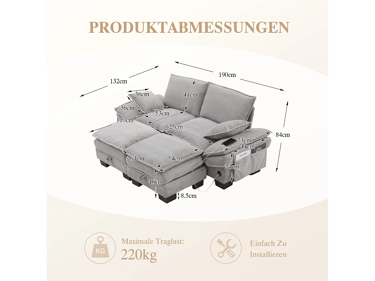 Zestaw wypoczynkowy z tkaniny sztruksowej, 2-osobowy - 190 x 132 x 84 cm - z 2 pufami ze schowkiem + port USB + kieszenie - jasnoszary