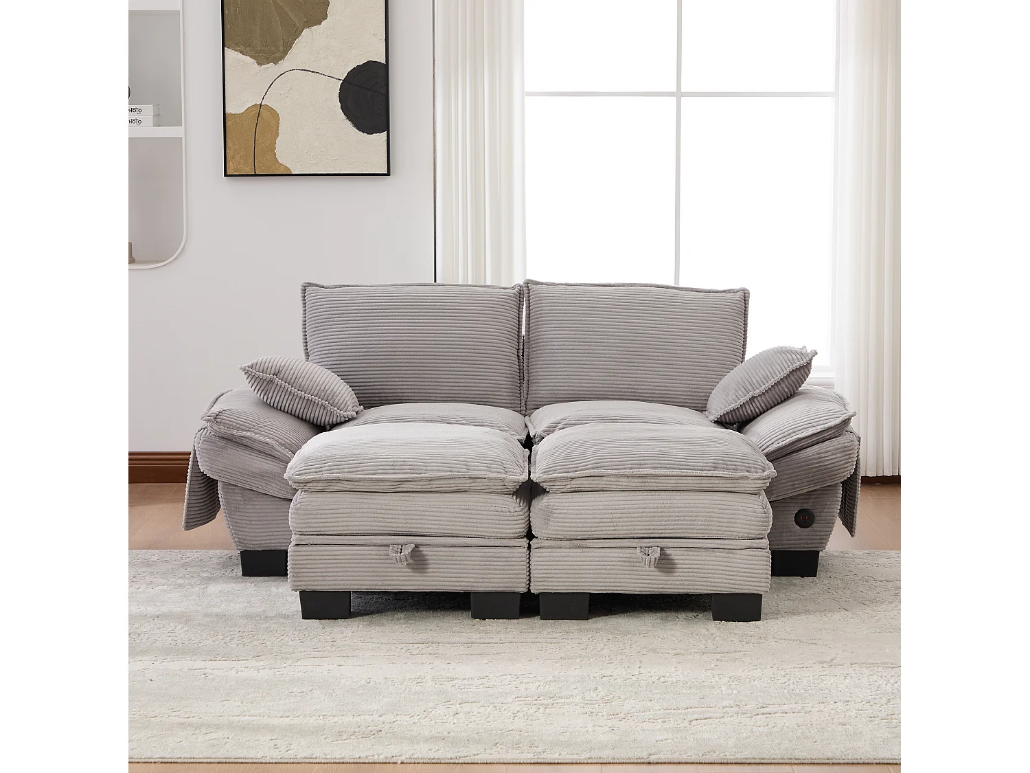 Zestaw wypoczynkowy z tkaniny sztruksowej, 2-osobowy - 190 x 132 x 84 cm - z 2 pufami ze schowkiem + port USB + kieszenie - jasnoszary