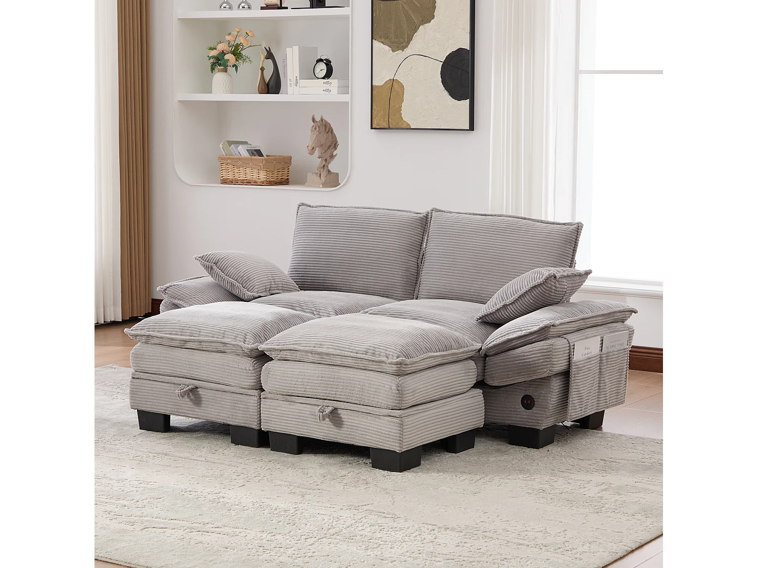 Zestaw wypoczynkowy z tkaniny sztruksowej, 2-osobowy - 190 x 132 x 84 cm - z 2 pufami ze schowkiem + port USB + kieszenie - jasnoszary