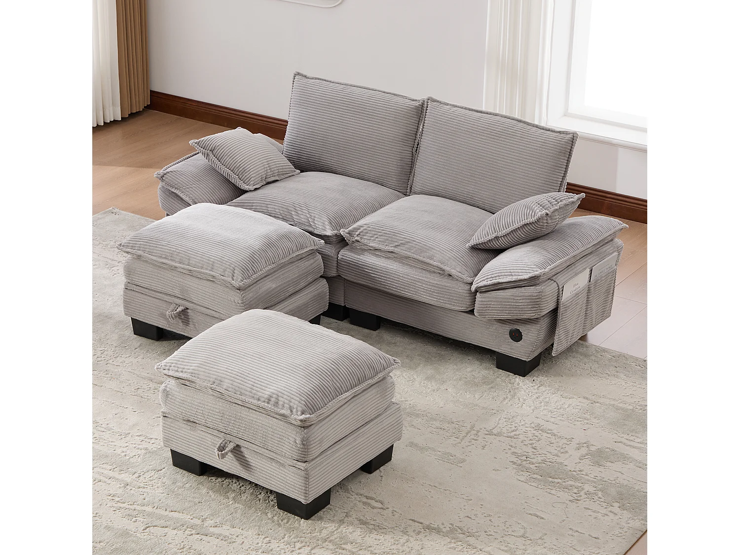 Zestaw wypoczynkowy z tkaniny sztruksowej, 2-osobowy - 190 x 132 x 84 cm - z 2 pufami ze schowkiem + port USB + kieszenie - jasnoszary