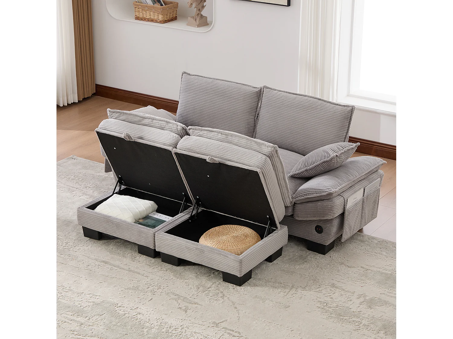 Zestaw wypoczynkowy z tkaniny sztruksowej, 2-osobowy - 190 x 132 x 84 cm - z 2 pufami ze schowkiem + port USB + kieszenie - jasnoszary