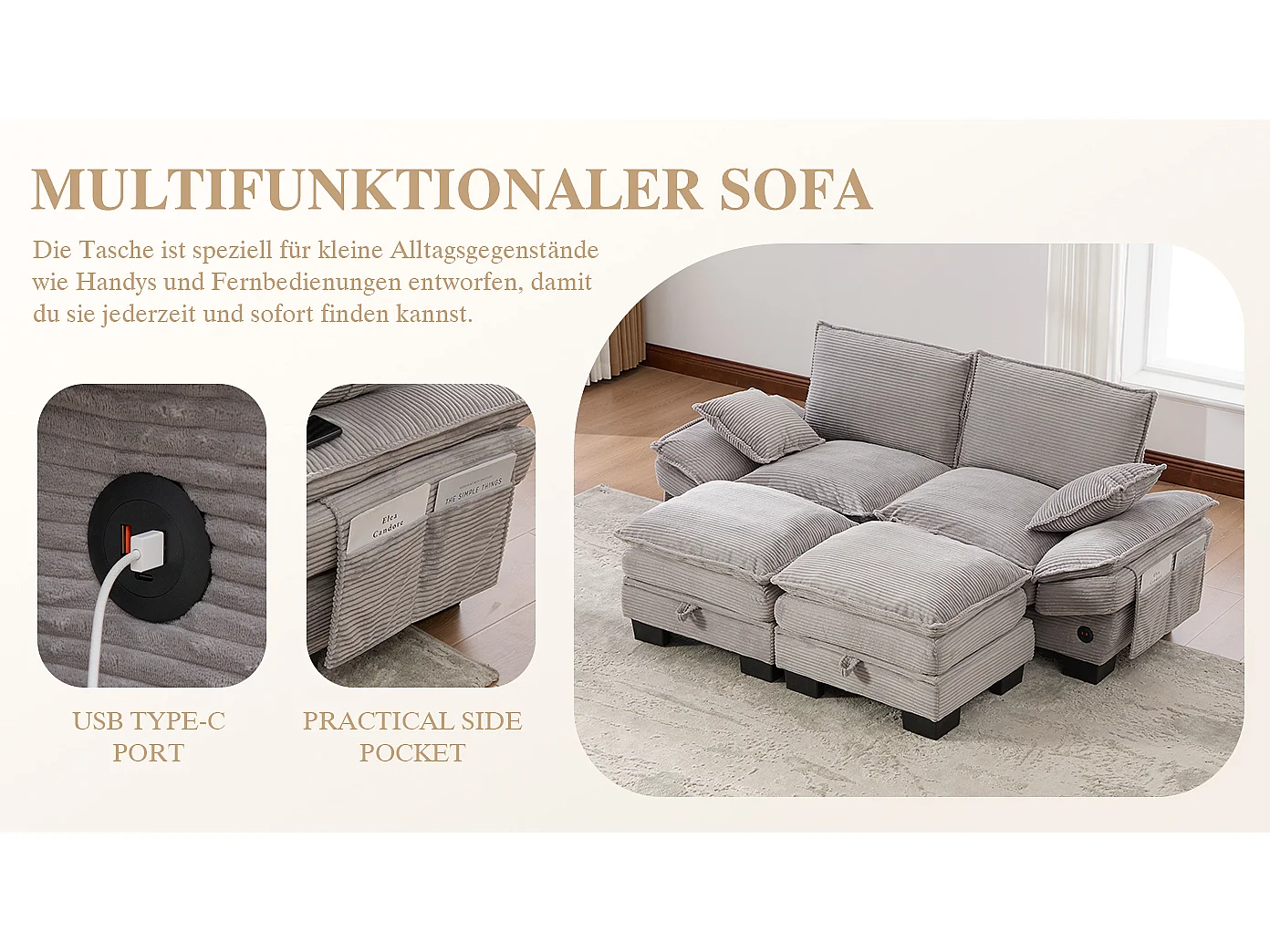 Zestaw wypoczynkowy z tkaniny sztruksowej, 2-osobowy - 190 x 132 x 84 cm - z 2 pufami ze schowkiem + port USB + kieszenie - jasnoszary