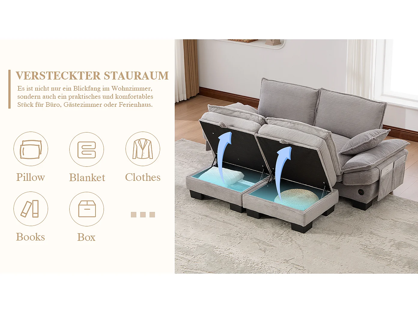 Zestaw wypoczynkowy z tkaniny sztruksowej, 2-osobowy - 190 x 132 x 84 cm - z 2 pufami ze schowkiem + port USB + kieszenie - jasnoszary