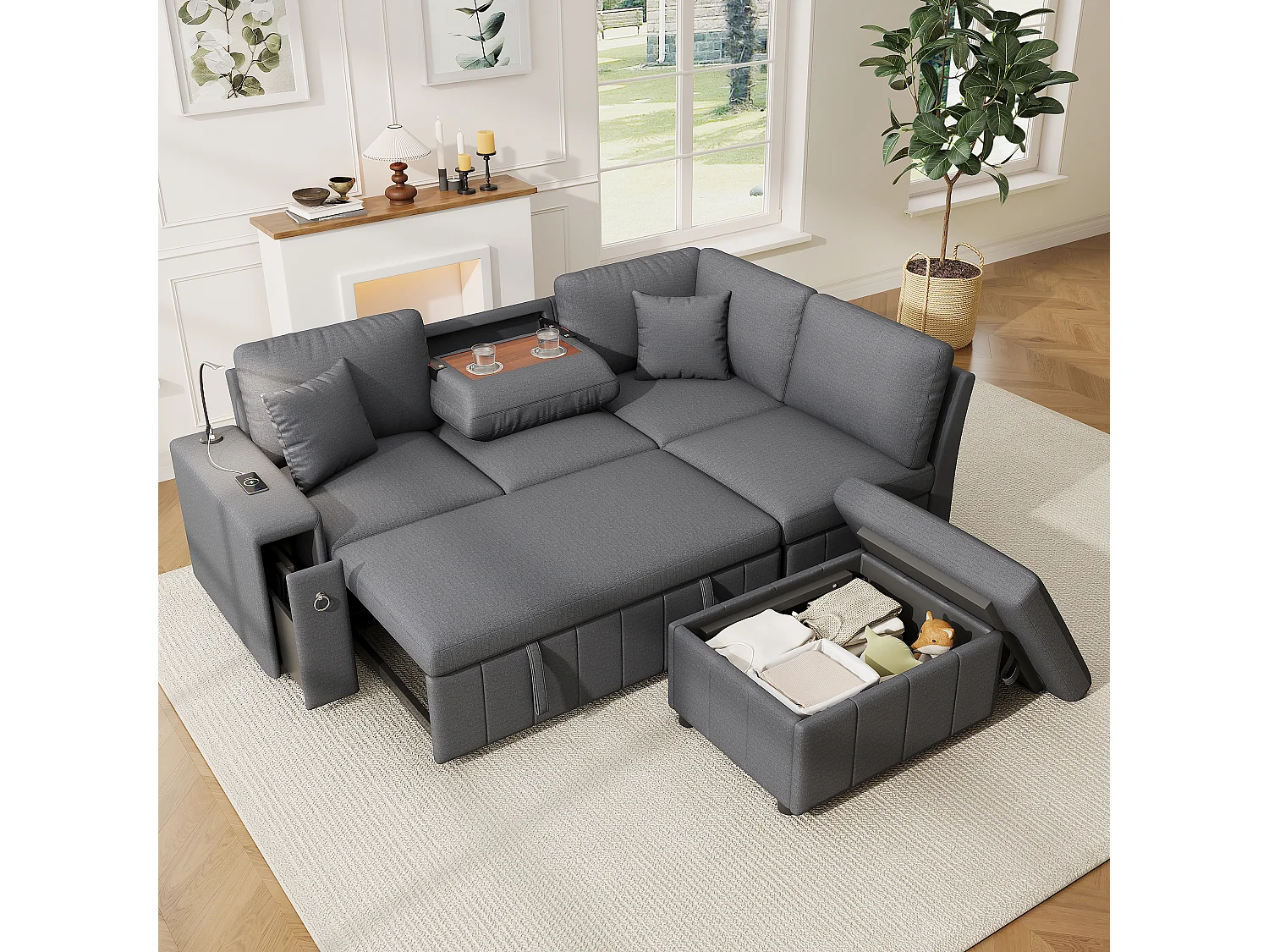 L-förmiges Eckschlafsofa – 213 x 184 x 88 cm – mit Stauraumhocker, USB-Anschluss und 2 Kissen – Leinen – grau