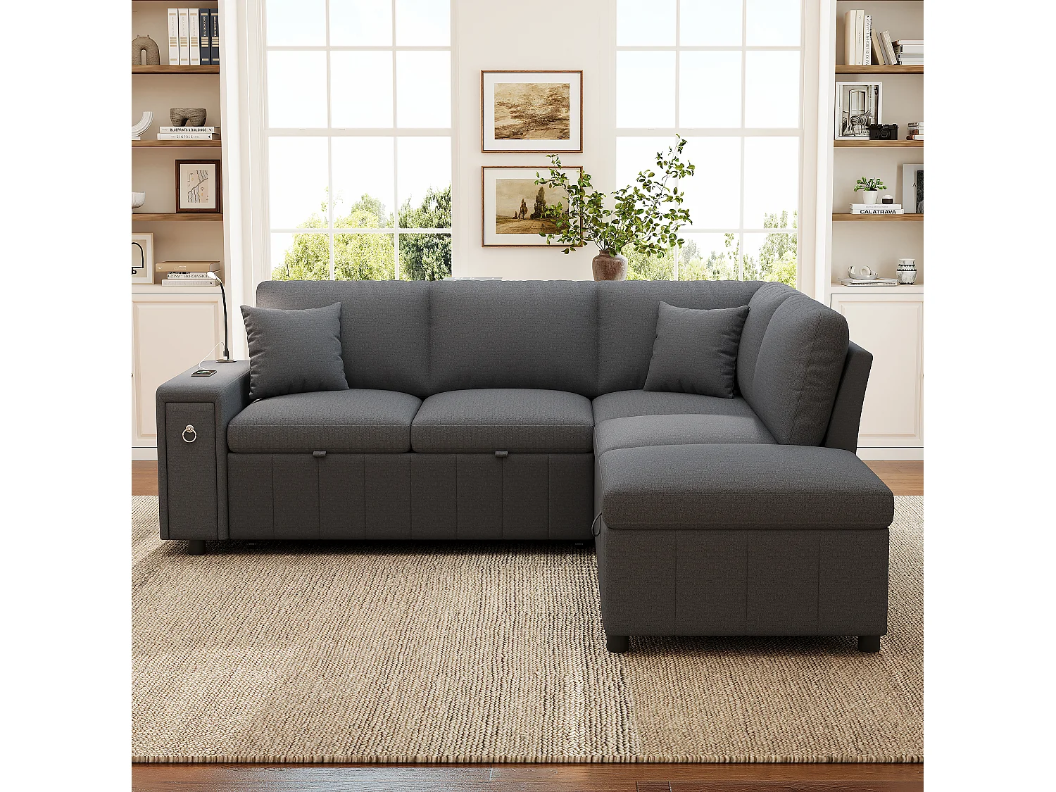 L-förmiges Eckschlafsofa – 213 x 184 x 88 cm – mit Stauraumhocker, USB-Anschluss und 2 Kissen – Leinen – grau