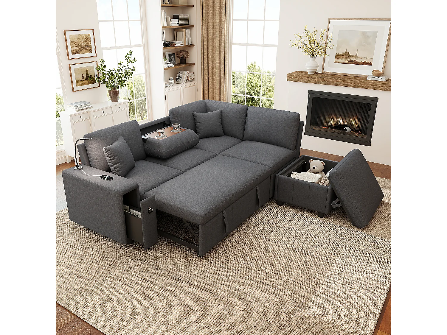 L-förmiges Eckschlafsofa – 213 x 184 x 88 cm – mit Stauraumhocker, USB-Anschluss und 2 Kissen – Leinen – grau