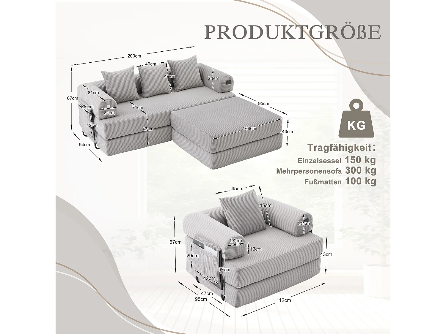 Modulares 4-Sitzer-Sofa-Set – 200 x 190 x 67 cm – mit 4 Kissen + 1 Sessel – Cord – hellgrau