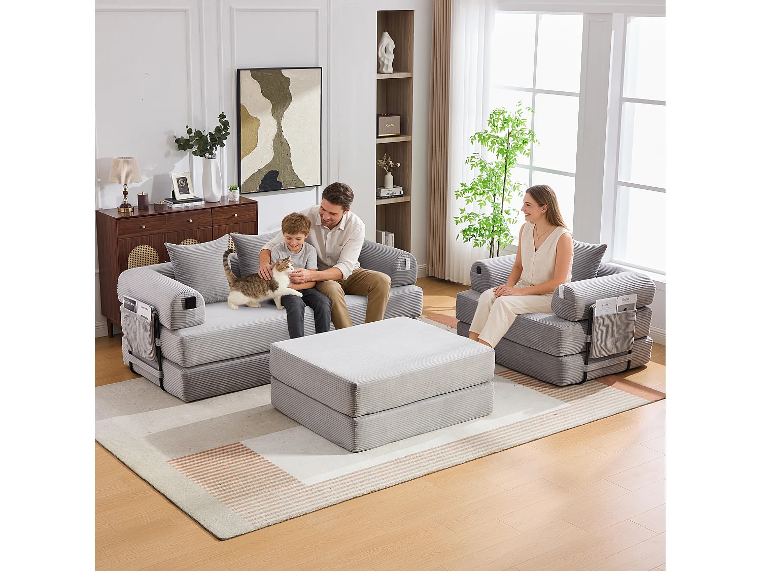Modulares 4-Sitzer-Sofa-Set – 200 x 190 x 67 cm – mit 4 Kissen + 1 Sessel – Cord – hellgrau