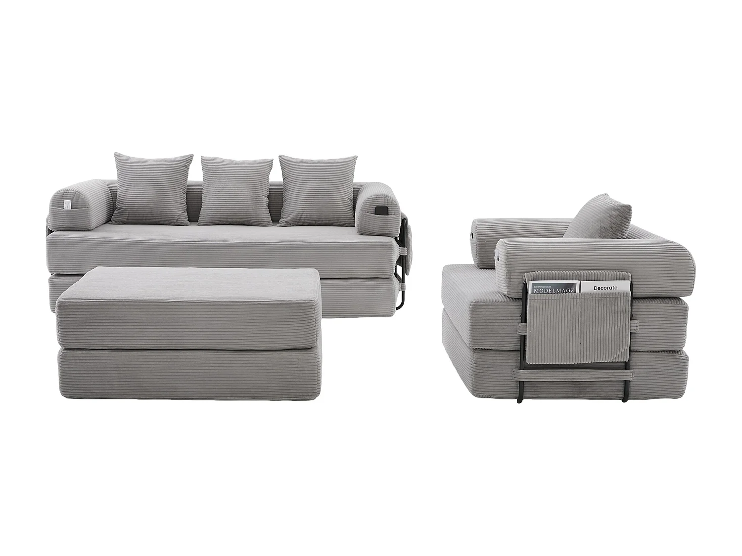 Modulares 4-Sitzer-Sofa-Set – 200 x 190 x 67 cm – mit 4 Kissen + 1 Sessel – Cord – hellgrau
