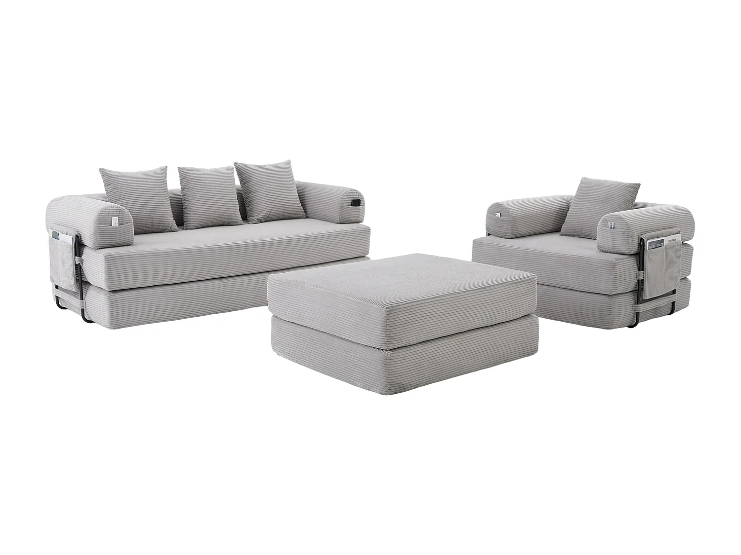 Modulares 4-Sitzer-Sofa-Set – 200 x 190 x 67 cm – mit 4 Kissen + 1 Sessel – Cord – hellgrau