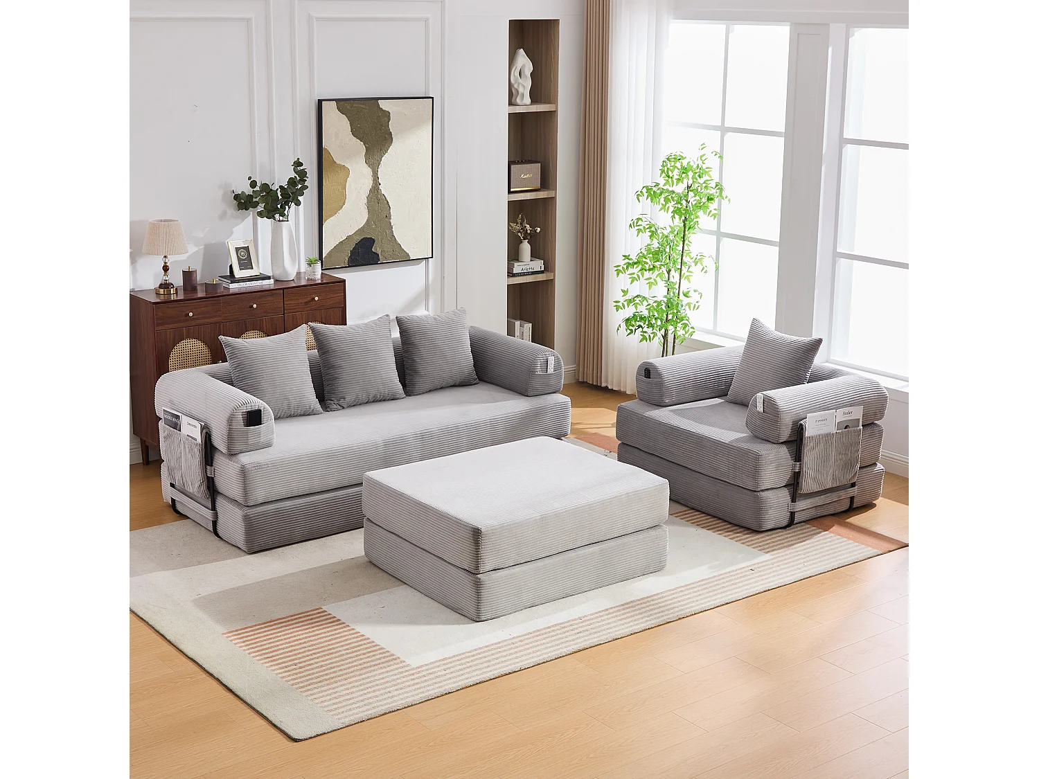 Modulares 4-Sitzer-Sofa-Set – 200 x 190 x 67 cm – mit 4 Kissen + 1 Sessel – Cord – hellgrau
