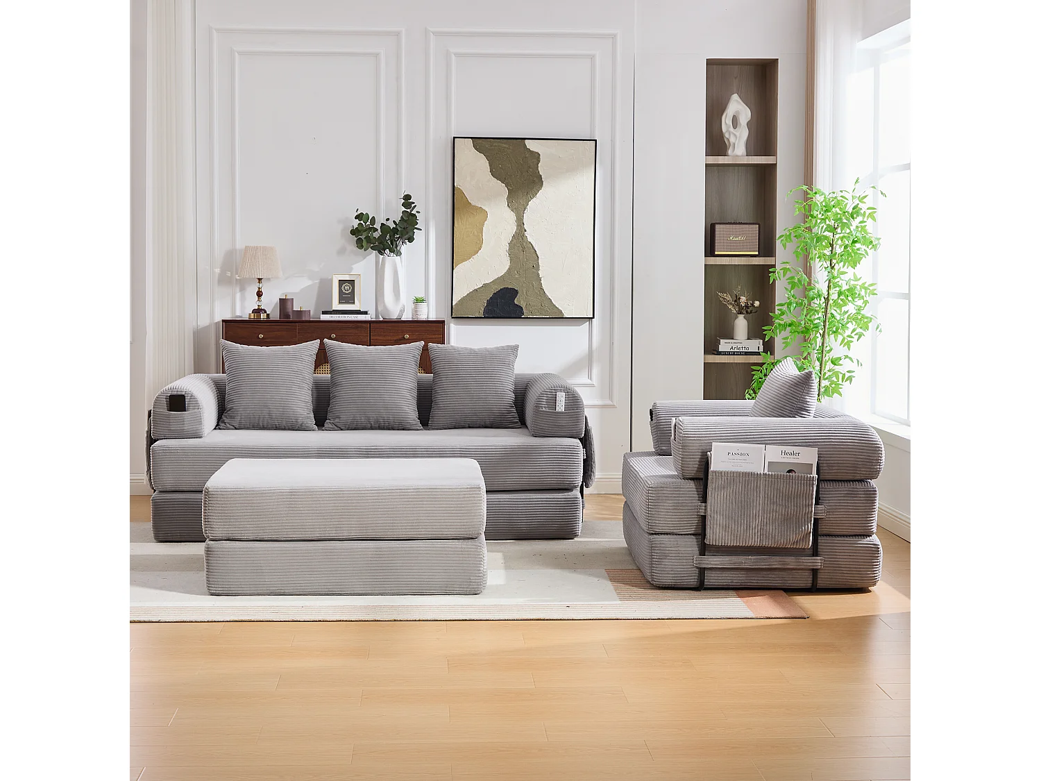 Modulares 4-Sitzer-Sofa-Set – 200 x 190 x 67 cm – mit 4 Kissen + 1 Sessel – Cord – hellgrau