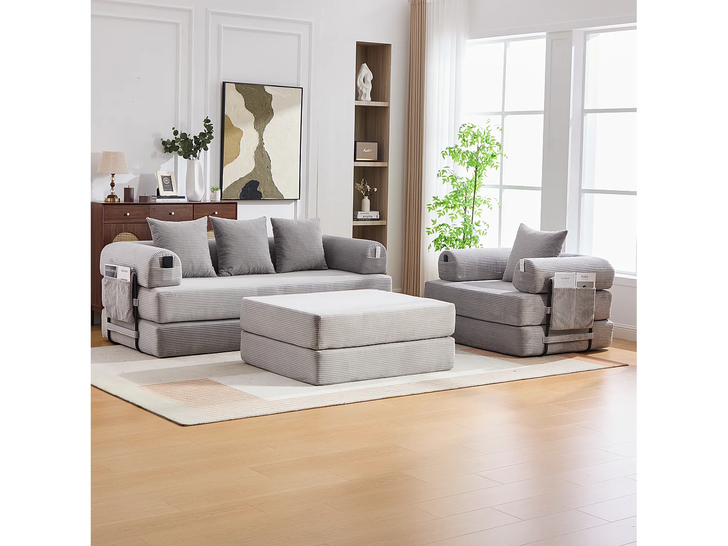 Modulares 4-Sitzer-Sofa-Set – 200 x 190 x 67 cm – mit 4 Kissen + 1 Sessel – Cord – hellgrau