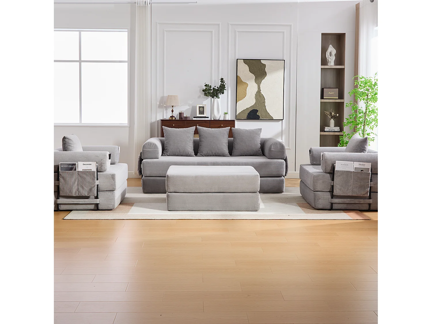 Modulares 4-Sitzer-Sofa-Set – 200 x 190 x 67 cm – mit 4 Kissen + 1 Sessel – Cord – hellgrau