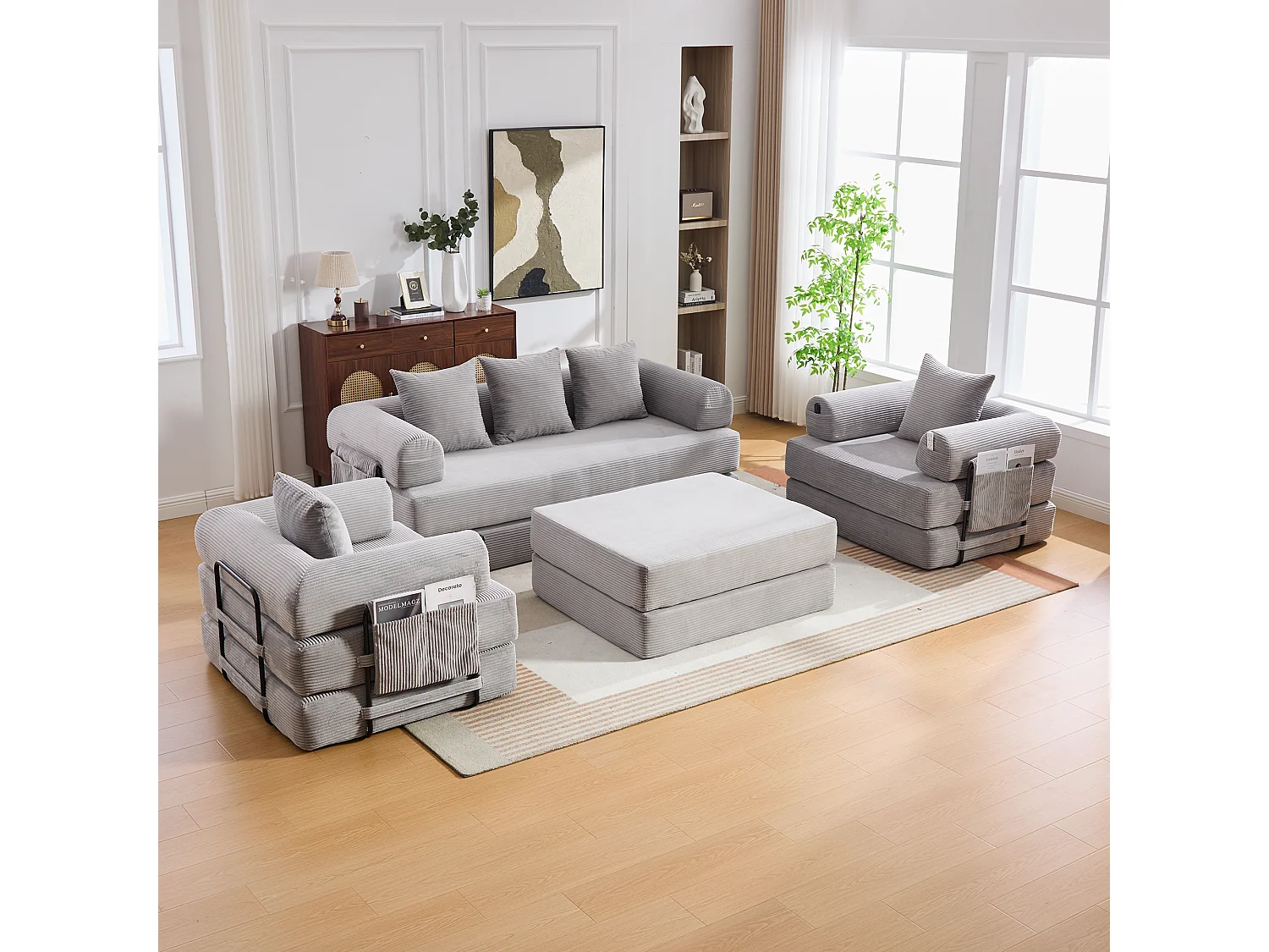 Modulares 4-Sitzer-Sofa-Set – 200 x 190 x 67 cm – mit 4 Kissen + 1 Sessel – Cord – hellgrau